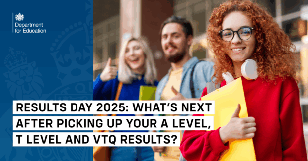 Smiling students holding folders on A level, T Level and VTQ results day 2025, with Department for Education branding