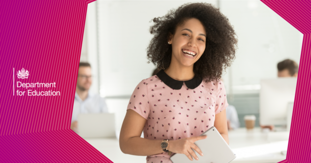 Pink image with Department for Education logo showing a young woman holding an iPad