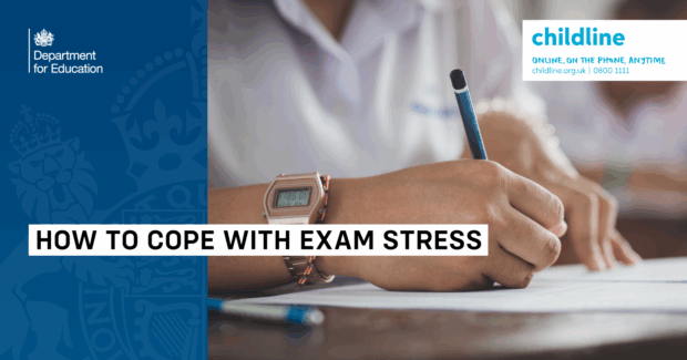 Student writing exam with support from Department for Education and Childline – tips on how to cope with exam stress