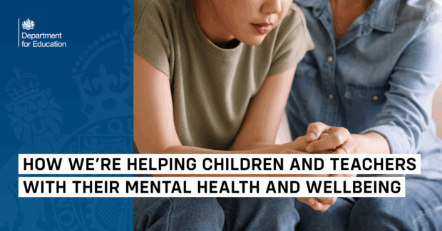 Department for Education support for children's and teachers' mental health and wellbeing – two people in a supportive conversation, promoting emotional support in schools.