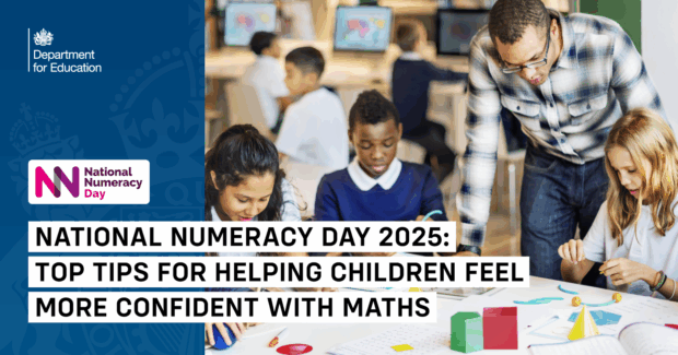 Teacher helping primary school children with hands-on maths activities in a classroom – promoting National Numeracy Day 2025 by the Department for Education with tips to build children's confidence in maths.