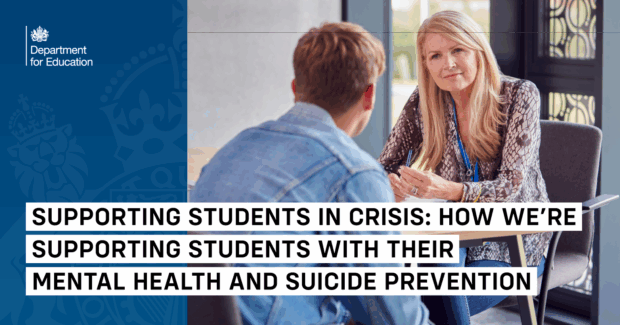Department for Education graphic showing a school staff member supporting a student, highlighting efforts to improve mental health support and suicide prevention in schools