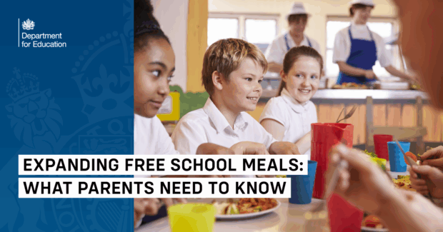 Primary school children enjoying a healthy lunch in a school cafeteria, with text overlay reading “Expanding Free School Meals: What Parents Need to Know