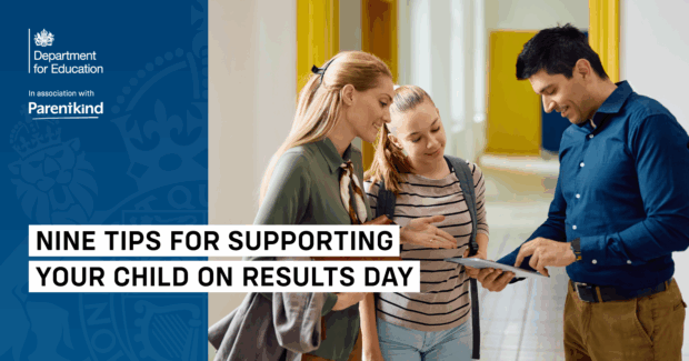 Two parents and a teenage student smiling and looking at a document together in a school hallway. The image is overlaid with the logos of the Department for Education and Parentkind, and the text 'Nine tips for supporting your child on results day