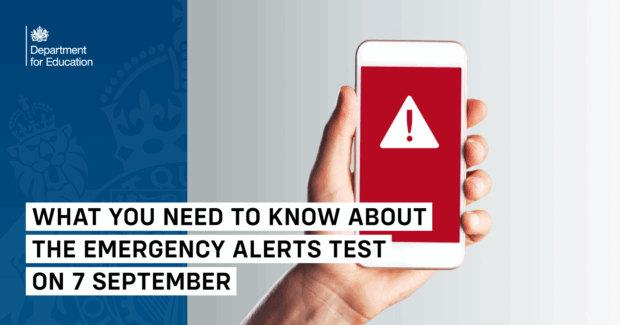 Department for Education graphic showing a smartphone with a red emergency alert symbol and text reading: What you need to know about the emergency alerts test on 7 September
