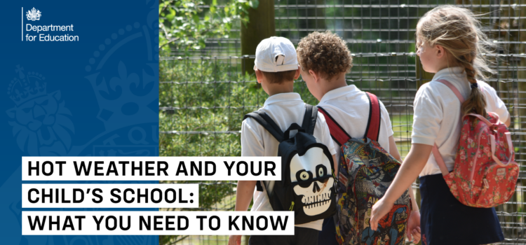 Three children with backpacks on walk in sunny weather. Text on image reads: Hot weather and your child's school: what you need to know